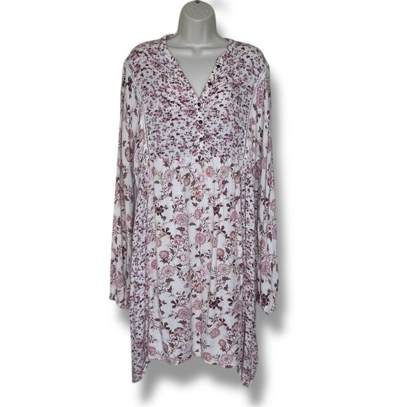 Knox Rose Floral Ditsy Print Boho Dusty Rose Popover Shift Dress Women Large - Picture 1 of 11
